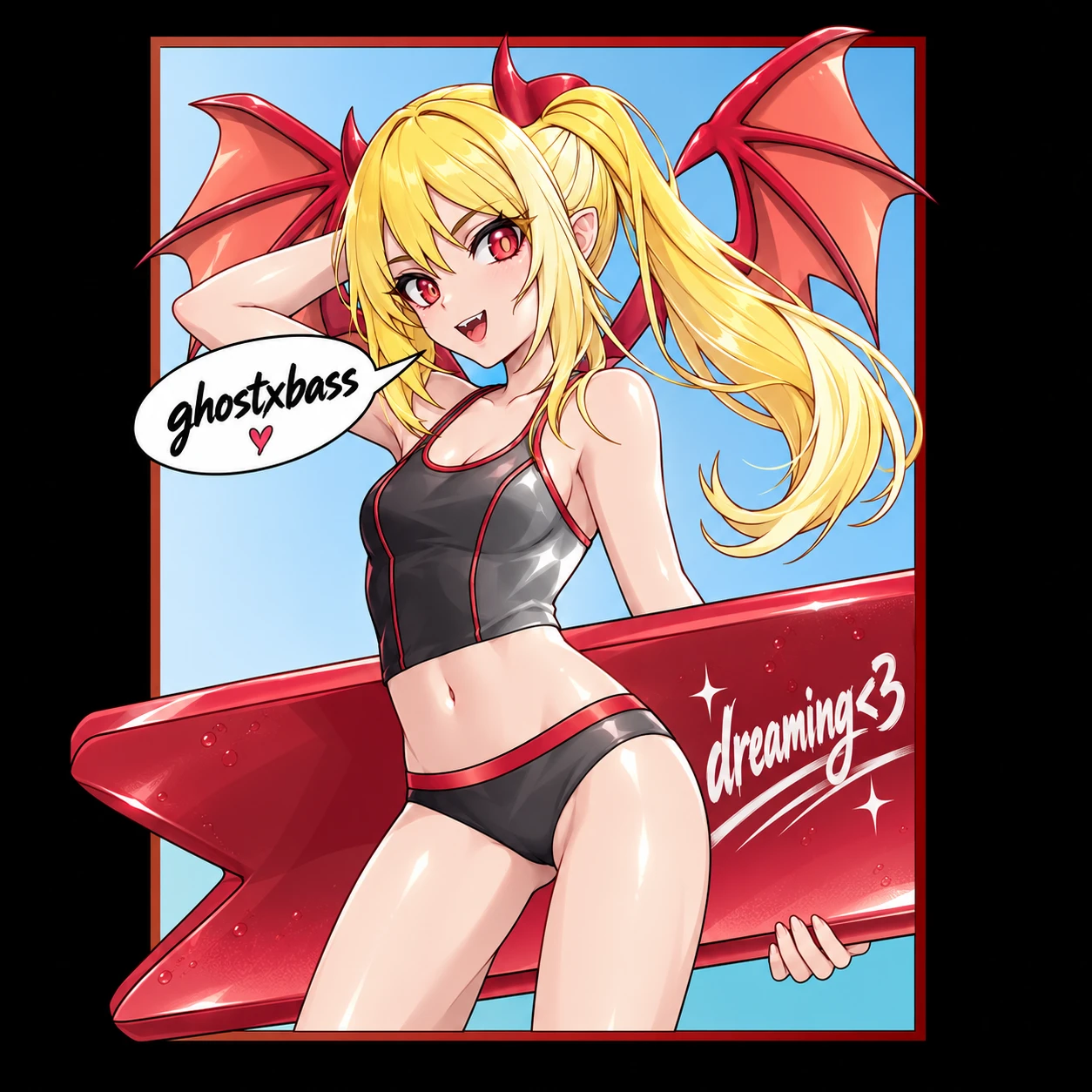 dreaming less-than-three cover: a winged demon girl with a red ghostxbass surfboard