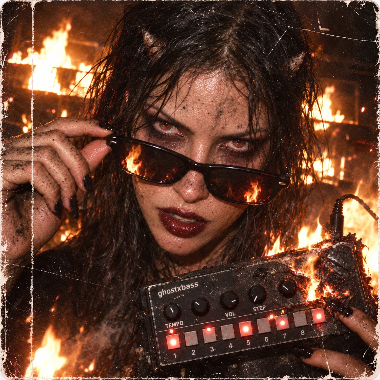 sansome cover: a horned woman in sunglasses holding a burning groovebox